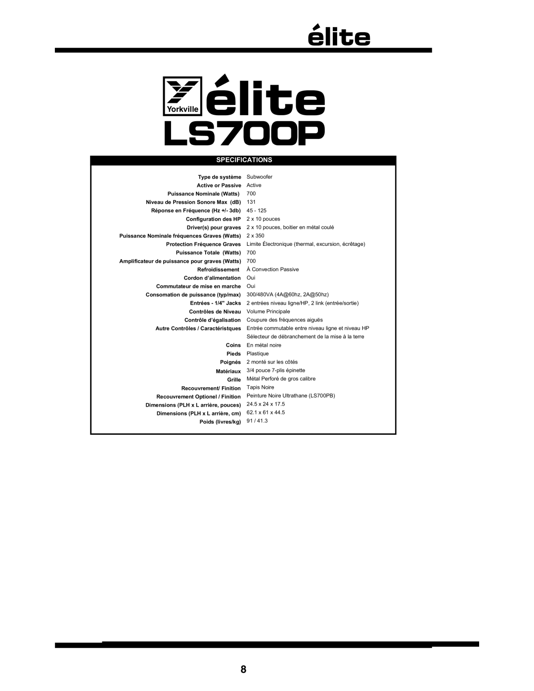 Elite ES700P owner manual LS700P, Yorkville, Specifications 
