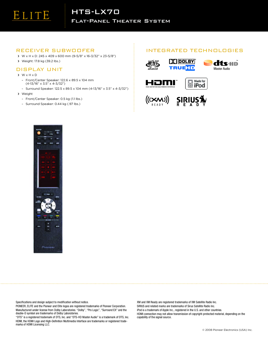 Elite HTS-LX70 specifications Integrated Technologies, Receiver Subwoofer, Display Unit 