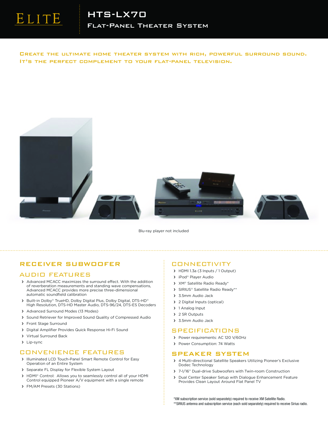 Elite HTS-LX70 specifications Receiver Subwoofer Audio Features, Convenience Features, Speaker System, Connectivity 