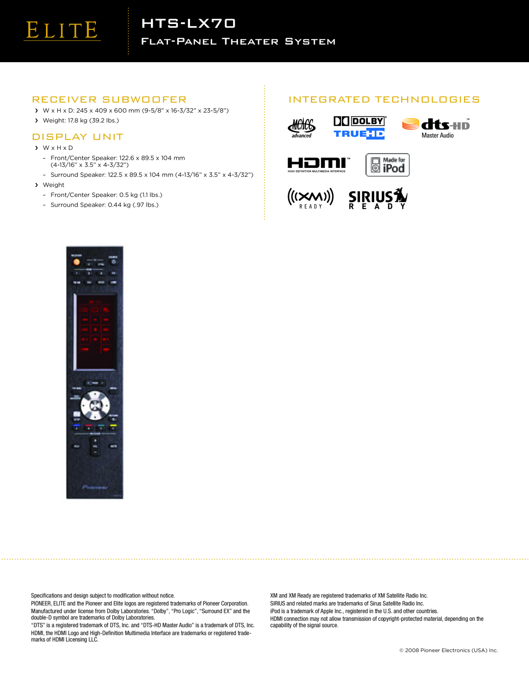 Elite HTS-LX70 specifications Integrated Technologies, Receiver Subwoofer, Display Unit, Flat-Panel Theater System 