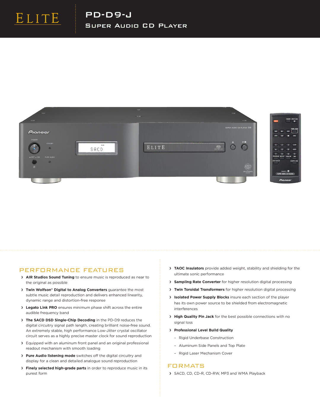 Elite PD-D9-J manual PDDV-58AVD9-J, Super Audio CD Player, Performance Features, Formats 