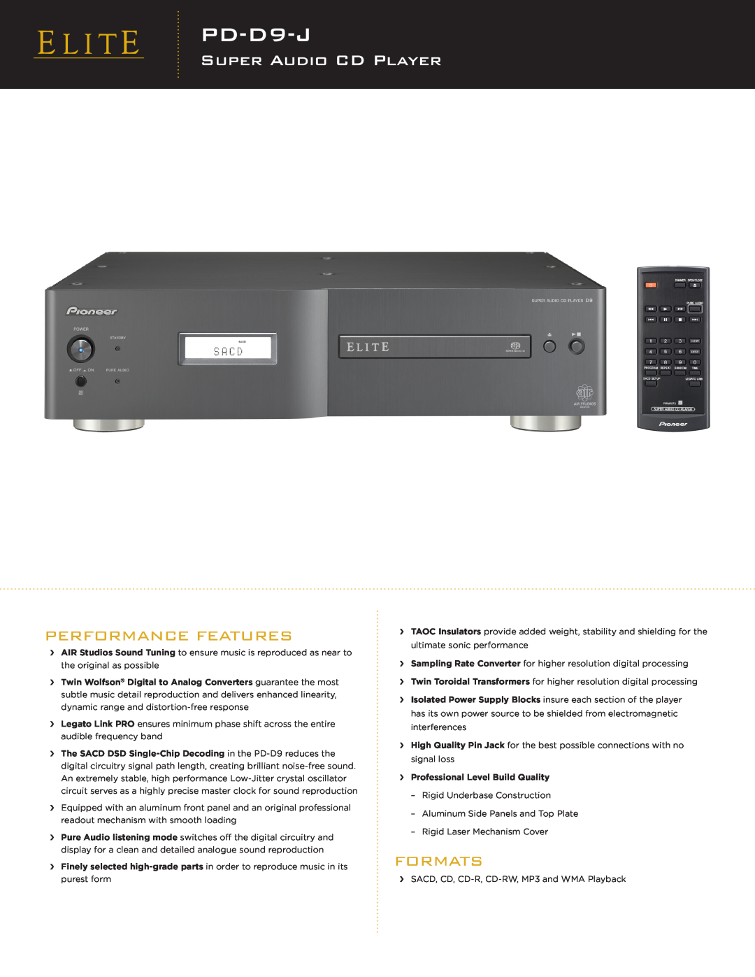 Elite PD-D9-J manual PDDV-58AVD9-J, Super Audio Cd Player, Performance Features, Formats 