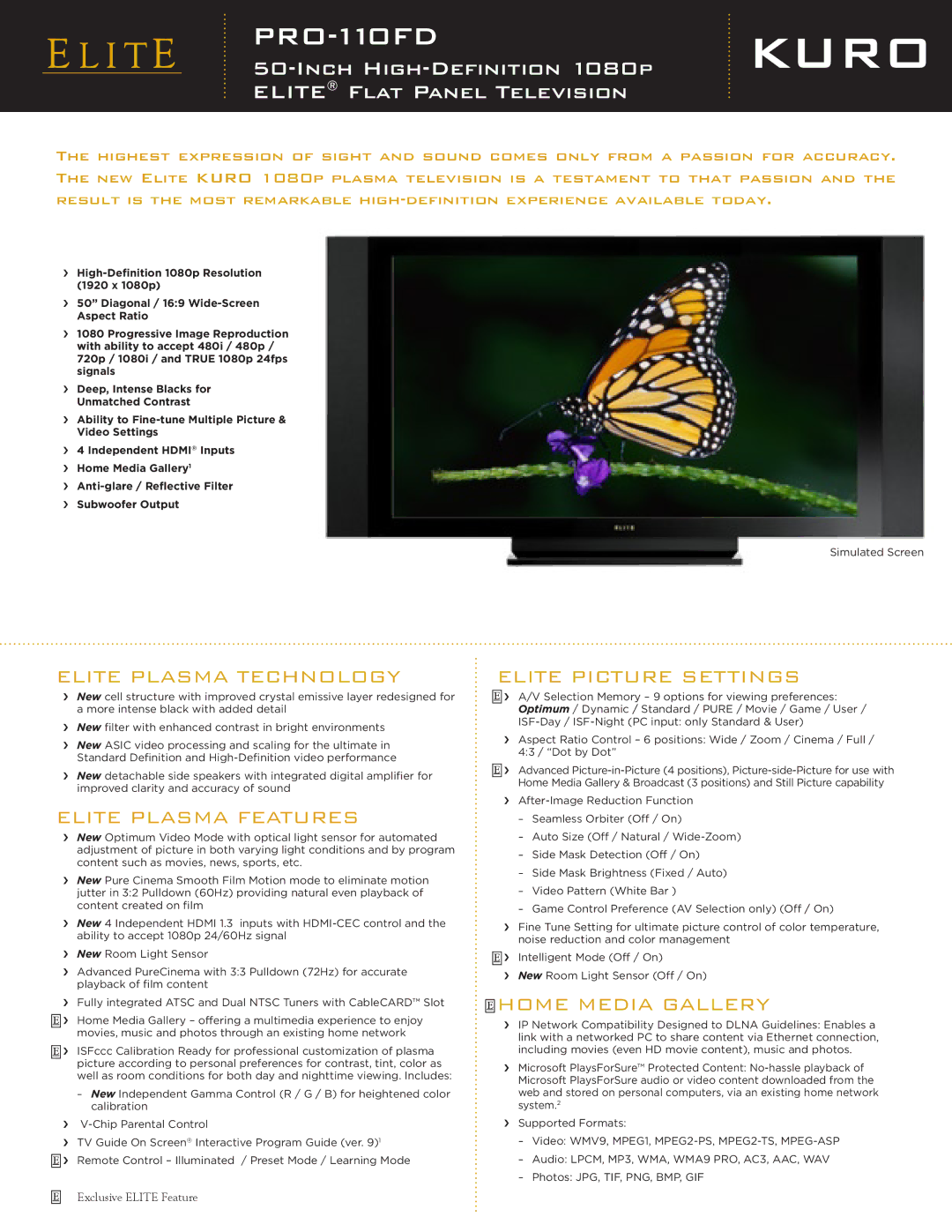 Elite PRO-110FD manual Elite Picture Settings, Elite Plasma Technology, Elite Plasma Features, Home Media Gallery 