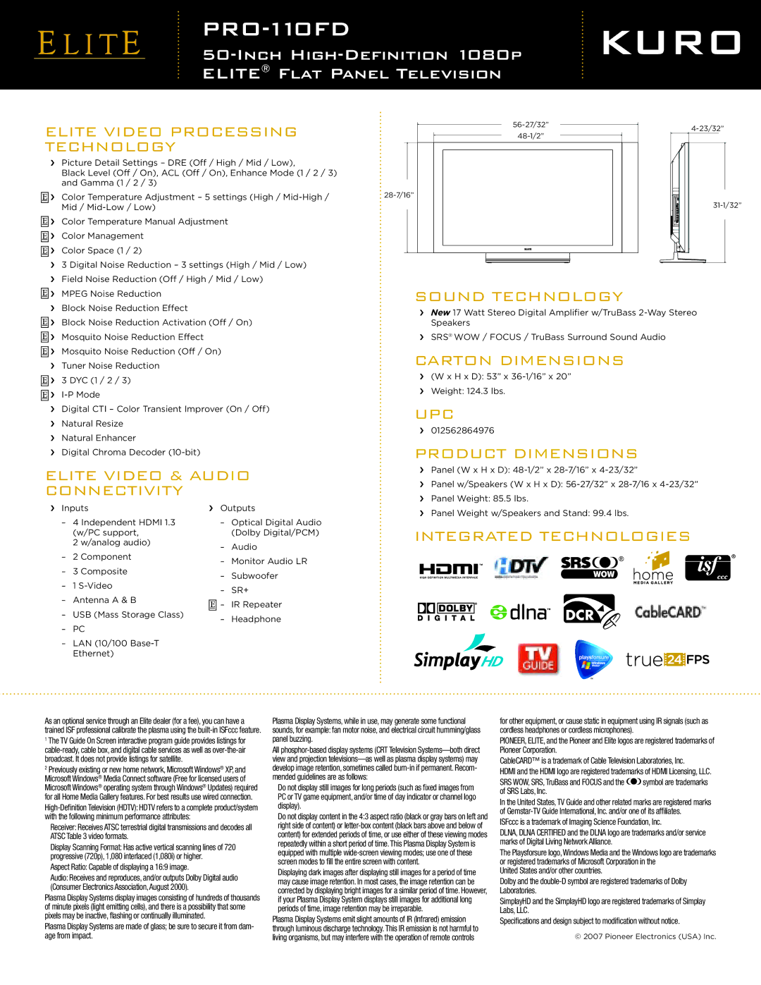 Elite PRO-110FD manual Elite Video Processing, Elite Video & Audio, Upc 