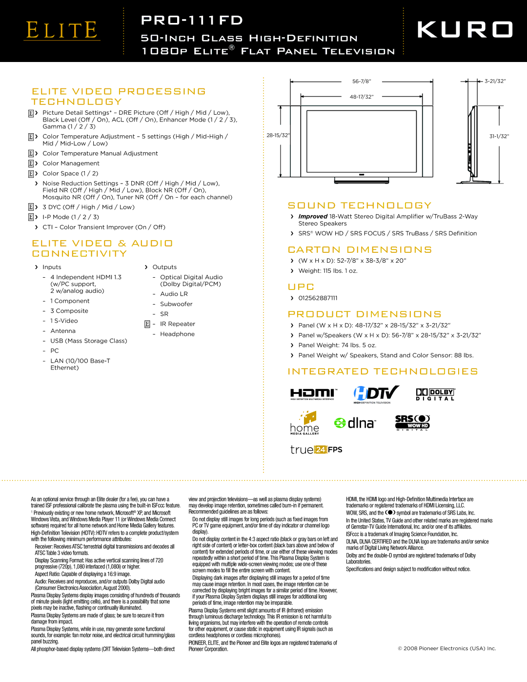 Elite PRO-111FD dimensions Elite Video & Audio, Upc 