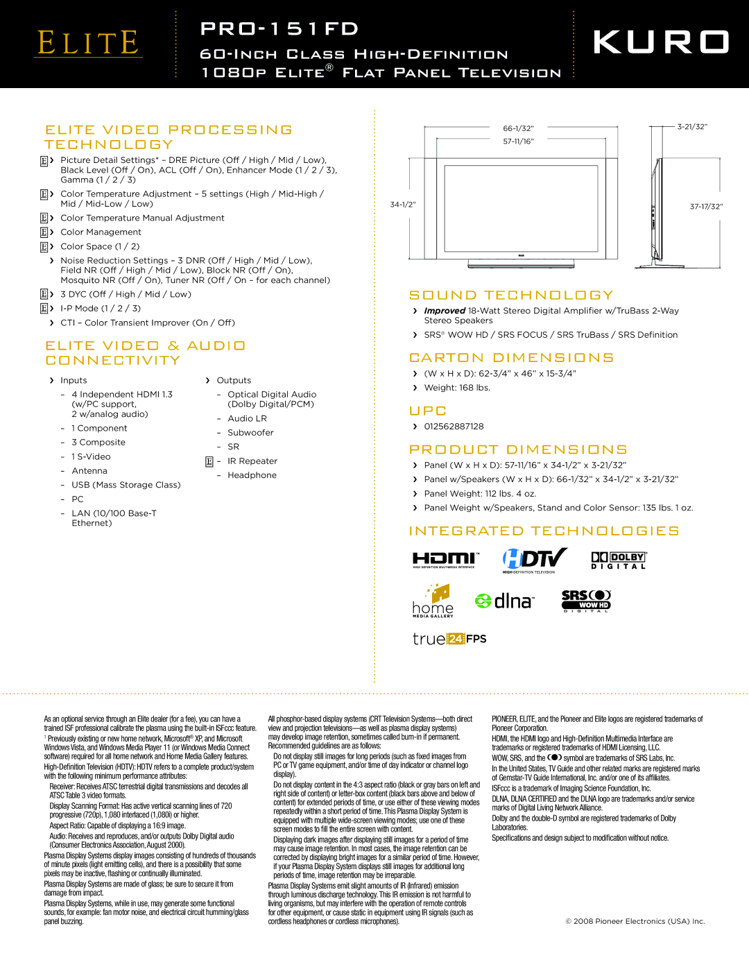 Elite PRO-151FD dimensions Elite Video & Audio, Upc 