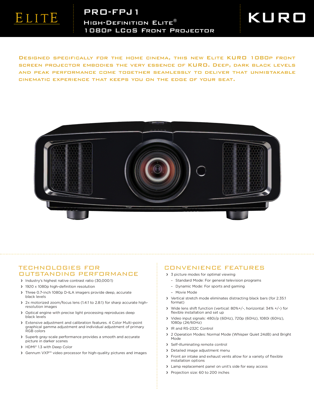 Elite PRO-FPJ1 manual HIGH-DEFINITION Elite 1080P Lcos Front Projector, Technologies for Outstanding Performance 