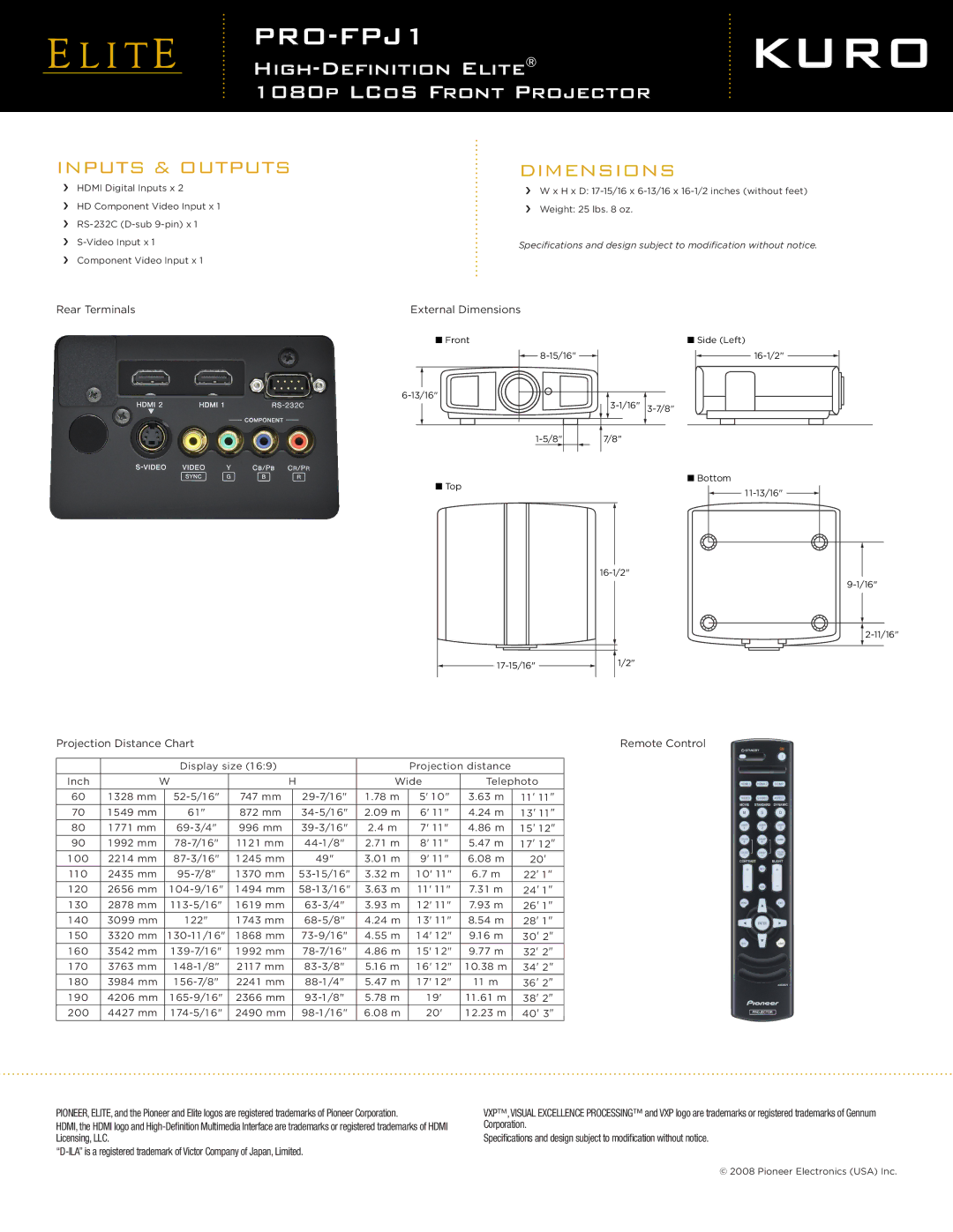 Elite PRO-FPJ1 manual Inputs & Outputs, Dimensions 