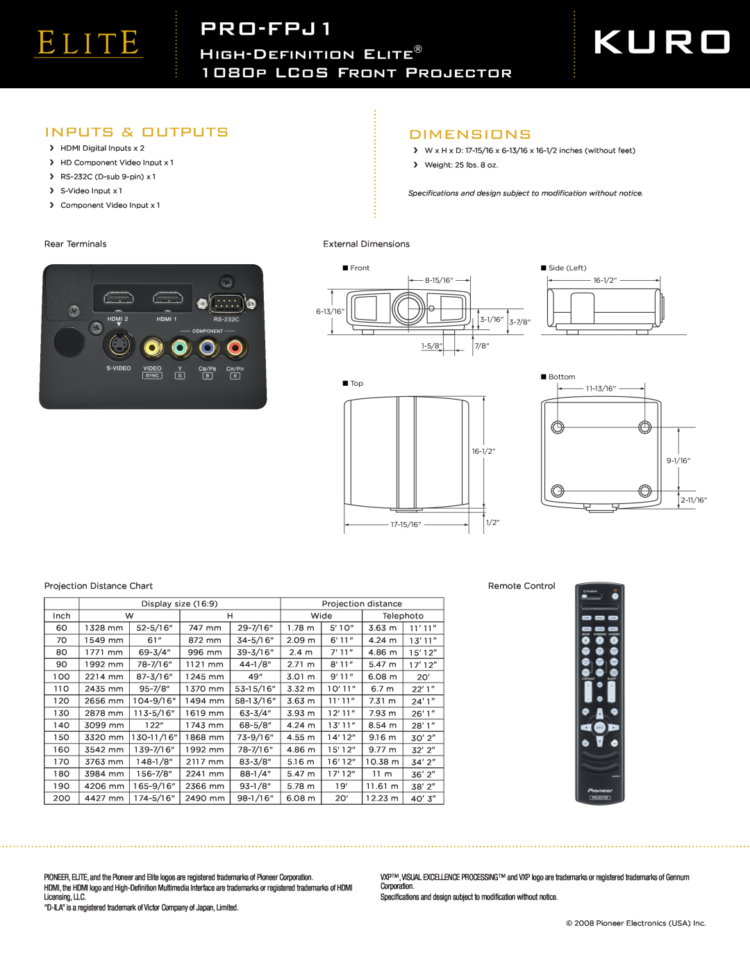 Elite PRO-FPJ1 manual Inputs & Outputs, Dimensions, HIGH-DEFINITION ELITE 1080P LCOS FRONT PROJECTOR 