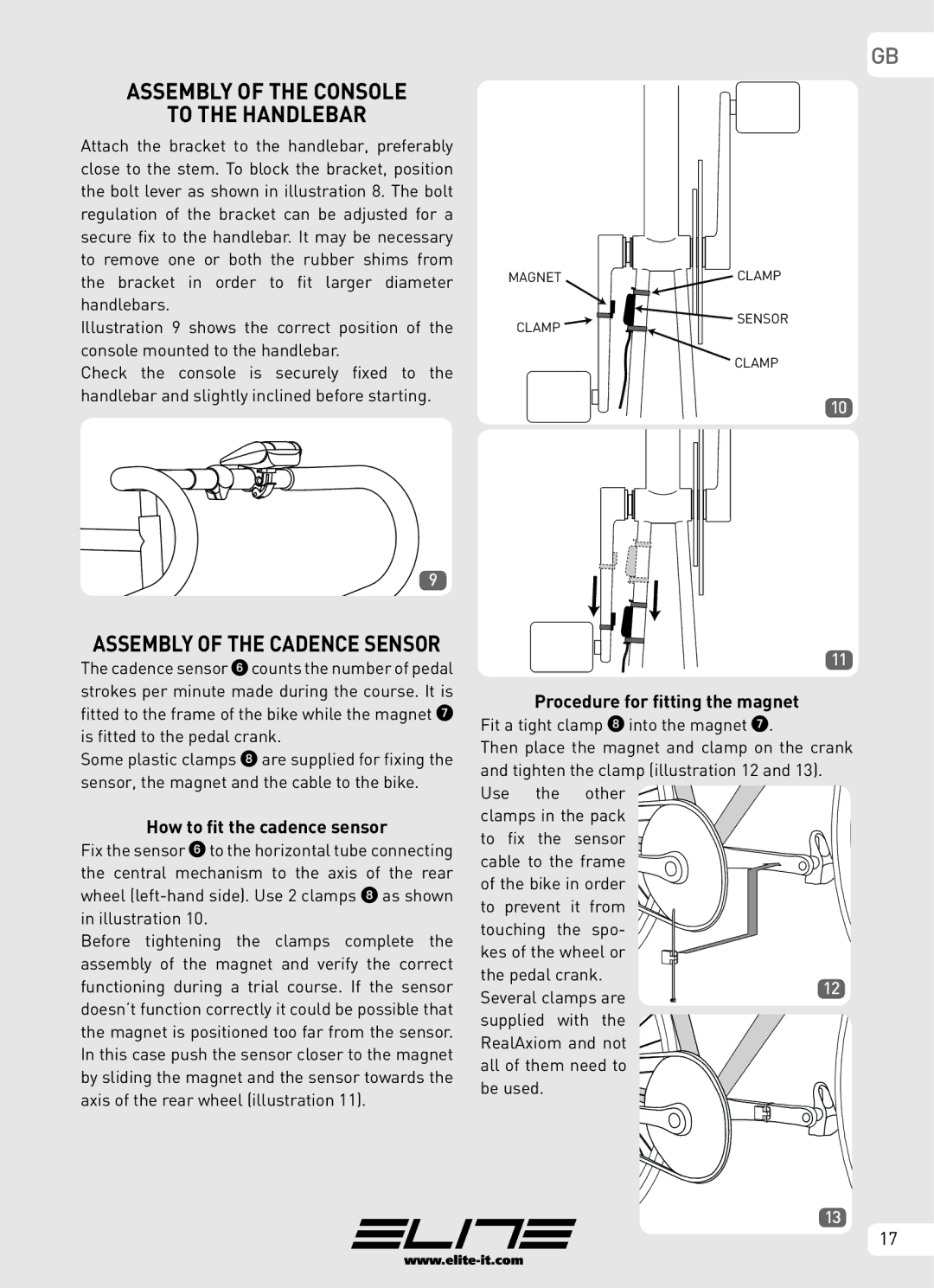 Elite Real AXIOM manual Assembly of the Console To the Handlebar, Assembly of the Cadence Sensor 