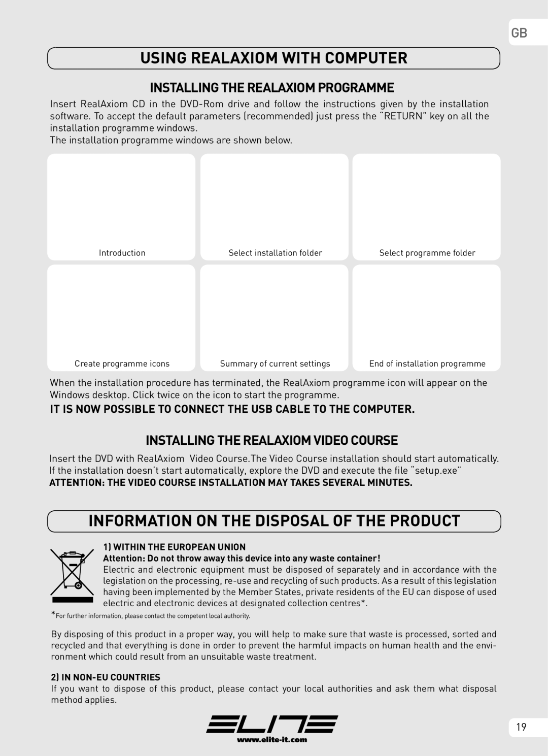 Elite Real AXIOM manual Using Realaxiom with Computer, Information on the Disposal of the Product 