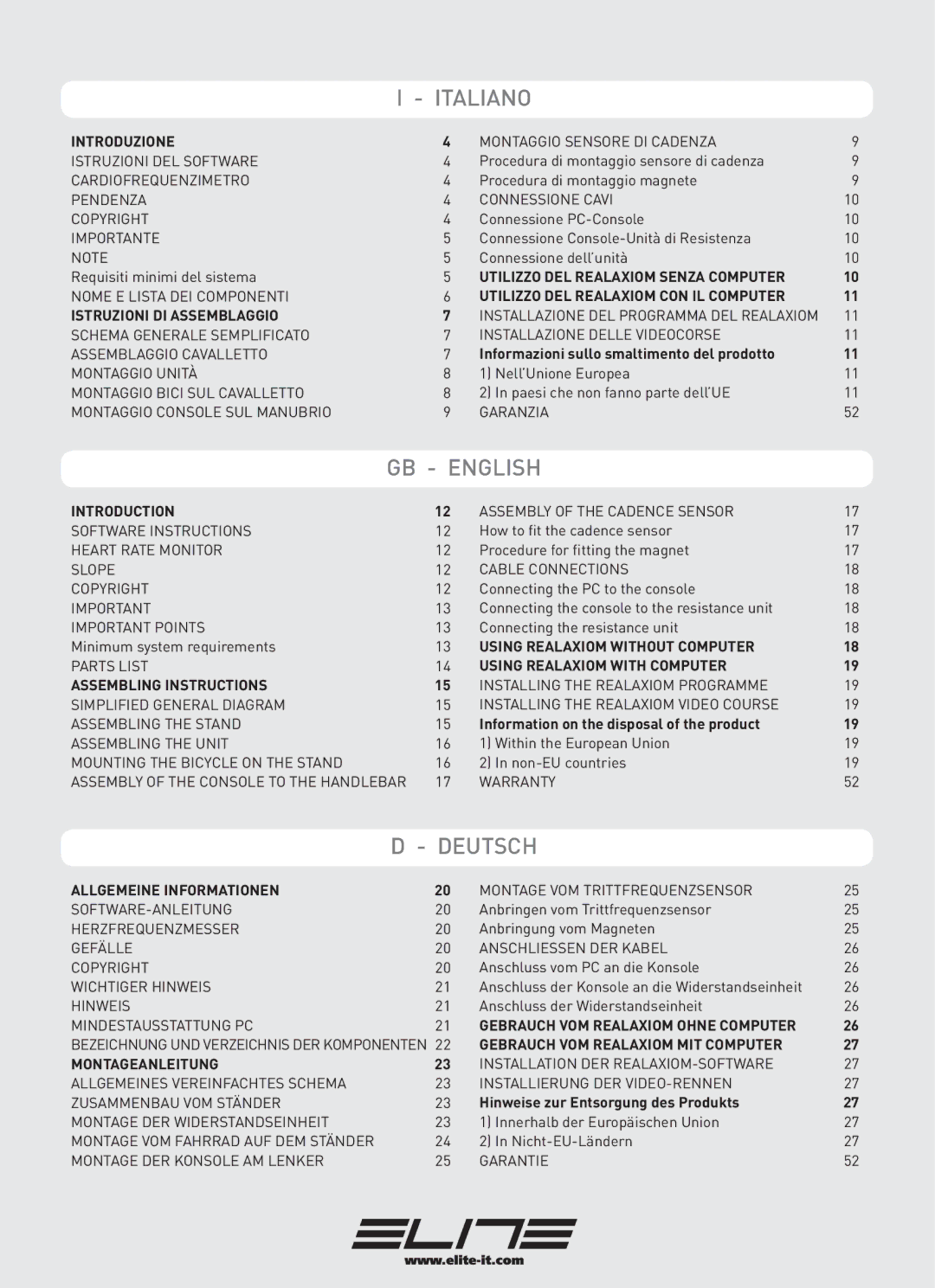 Elite Real AXIOM manual Introduzione, Istruzioni DI Assemblaggio, Introduction, Using Realaxiom Without Computer 