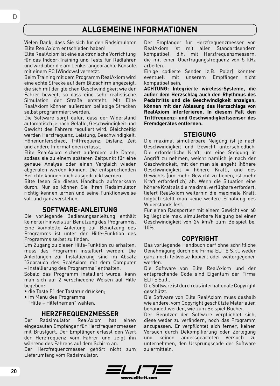 Elite Real AXIOM manual Allgemeine Informationen, Software-Anleitung, Herzfrequenzmesser, Steigung 