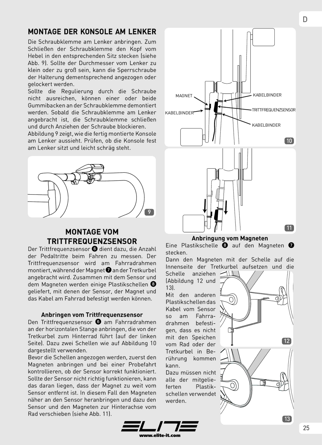 Elite Real AXIOM manual Montage VOM Trittfrequenzsensor, Montage DER Konsole AM Lenker 