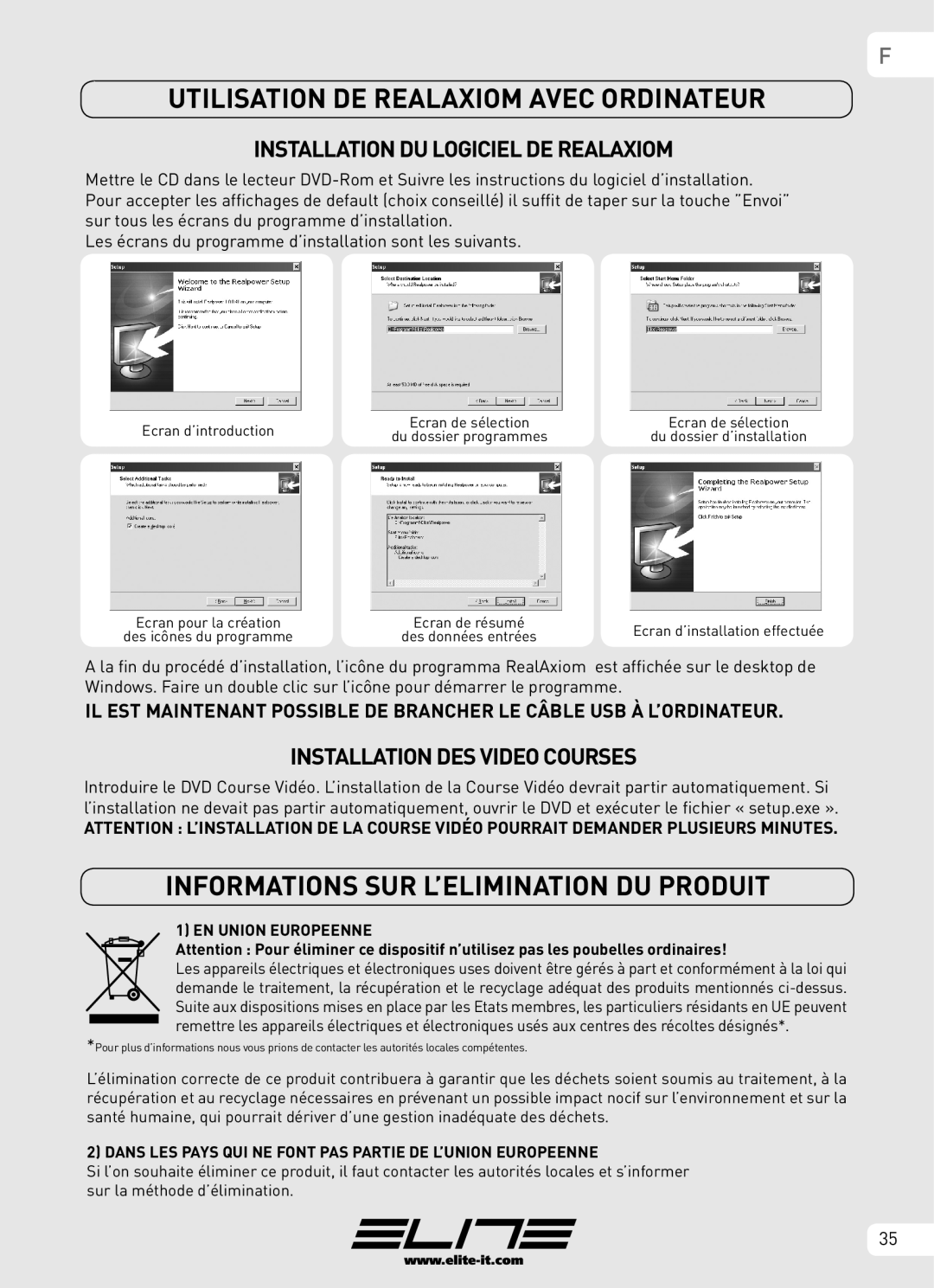 Elite Real AXIOM manual Utilisation DE Realaxiom Avec Ordinateur, Informations SUR L’ELIMINATION DU Produit 