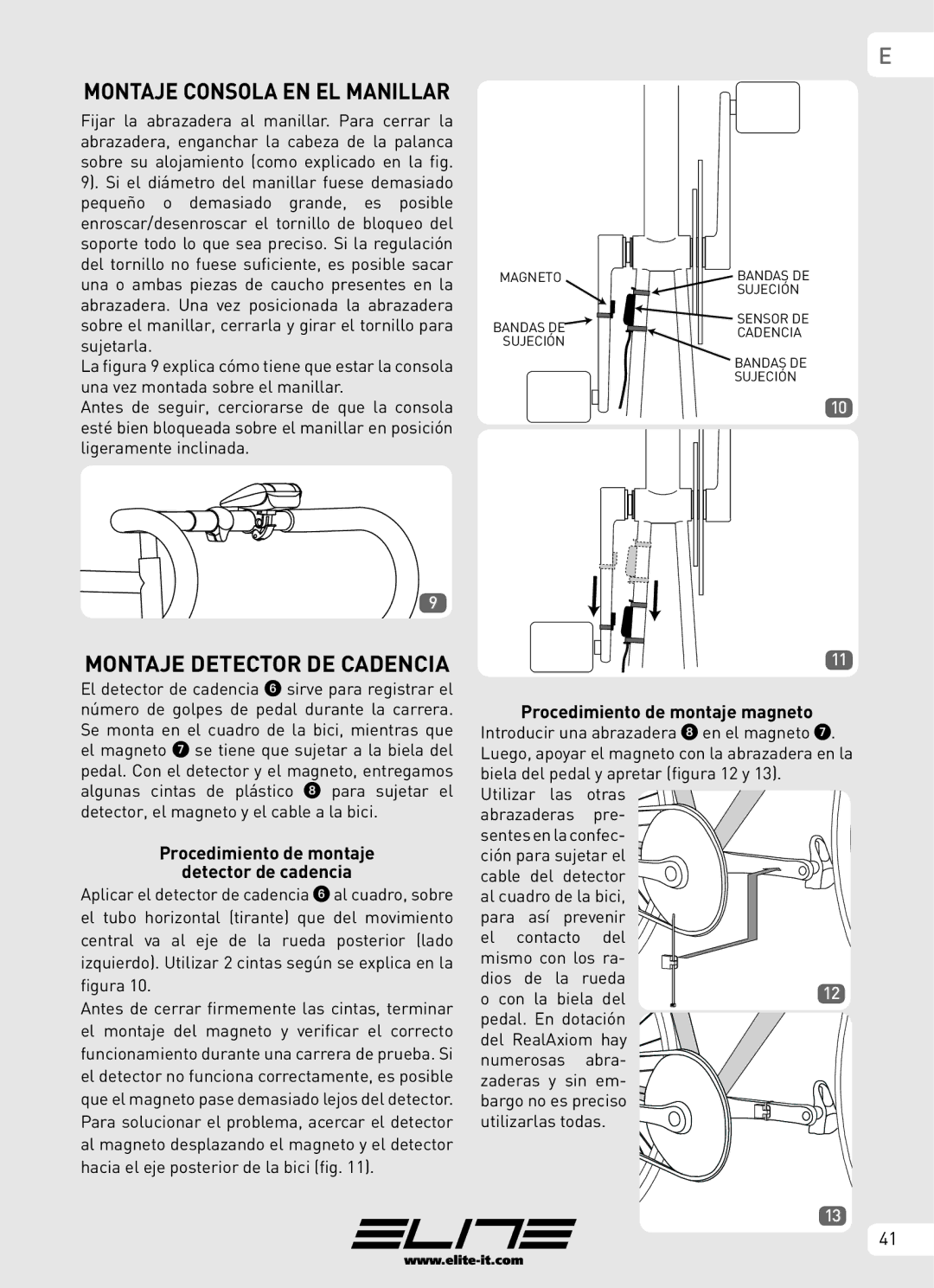 Elite Real AXIOM manual Montaje Detector DE Cadencia, Montaje Consola EN EL Manillar 