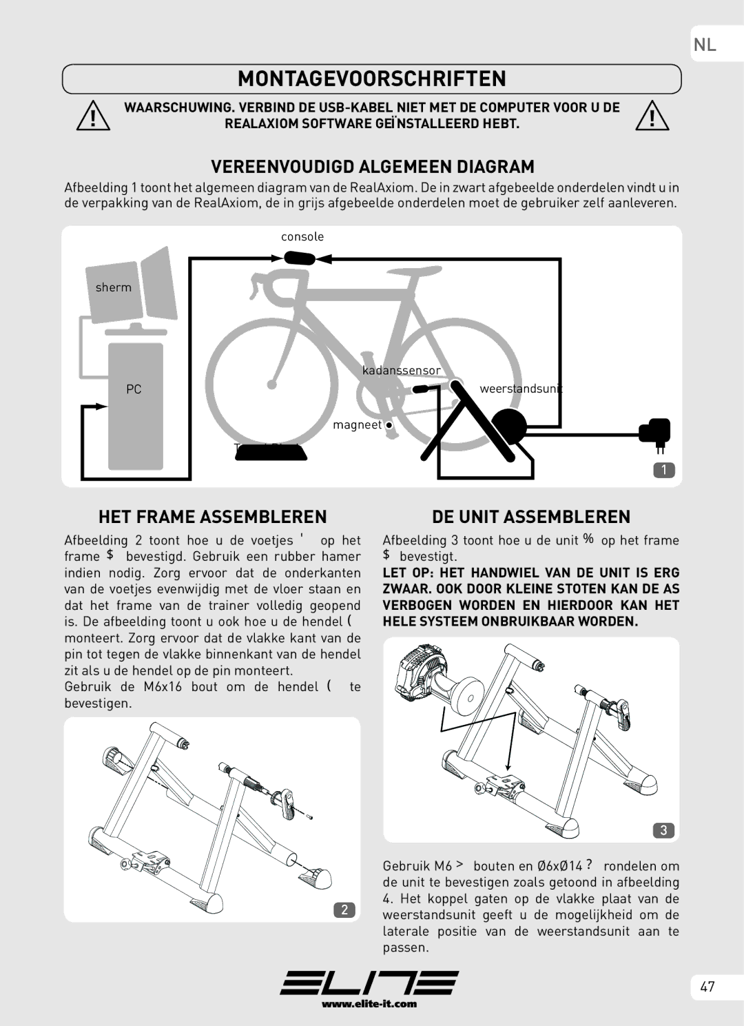 Elite Real AXIOM manual Montagevoorschriften, Vereenvoudigd Algemeen Diagram, HET Frame Assembleren, DE Unit Assembleren 