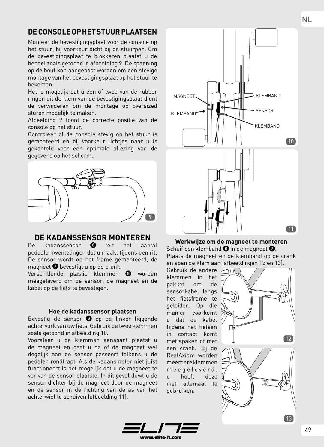 Elite Real AXIOM manual DE Kadanssensor Monteren, DE Console OP HET Stuur Plaatsen 