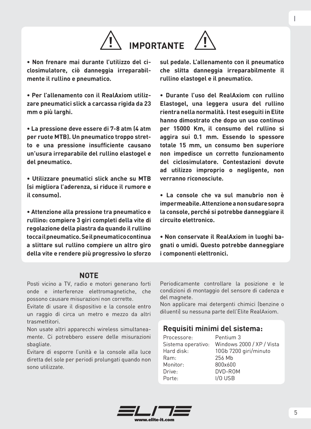 Elite Real AXIOM manual Importante, Requisiti minimi del sistema 