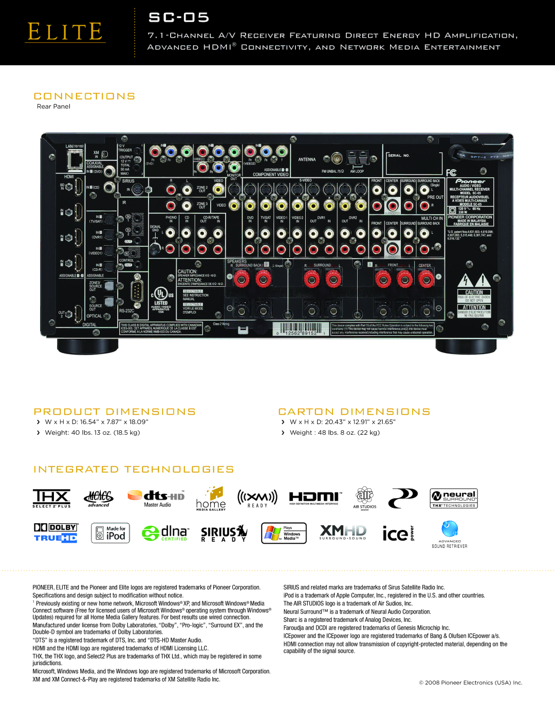 Elite SC-05 manual Integrated Technologies, Connections, Product Dimensions Carton Dimensions 