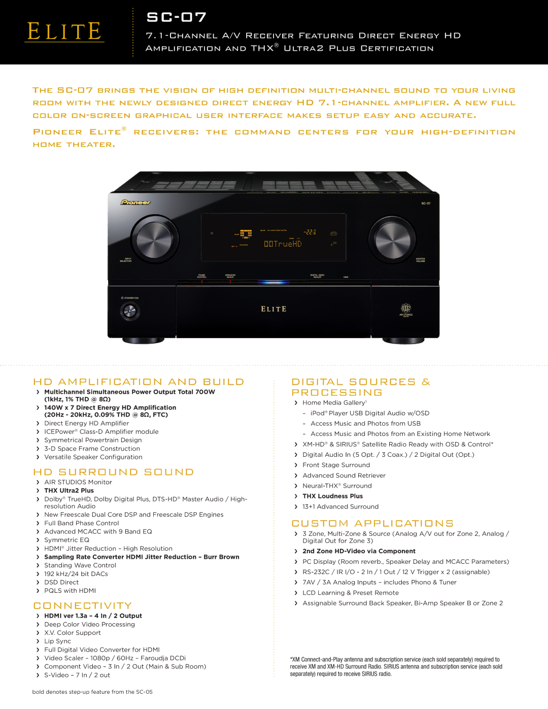 Elite SC-07 manual HD Amplification and Build, HD Surround Sound, Digital Sources 