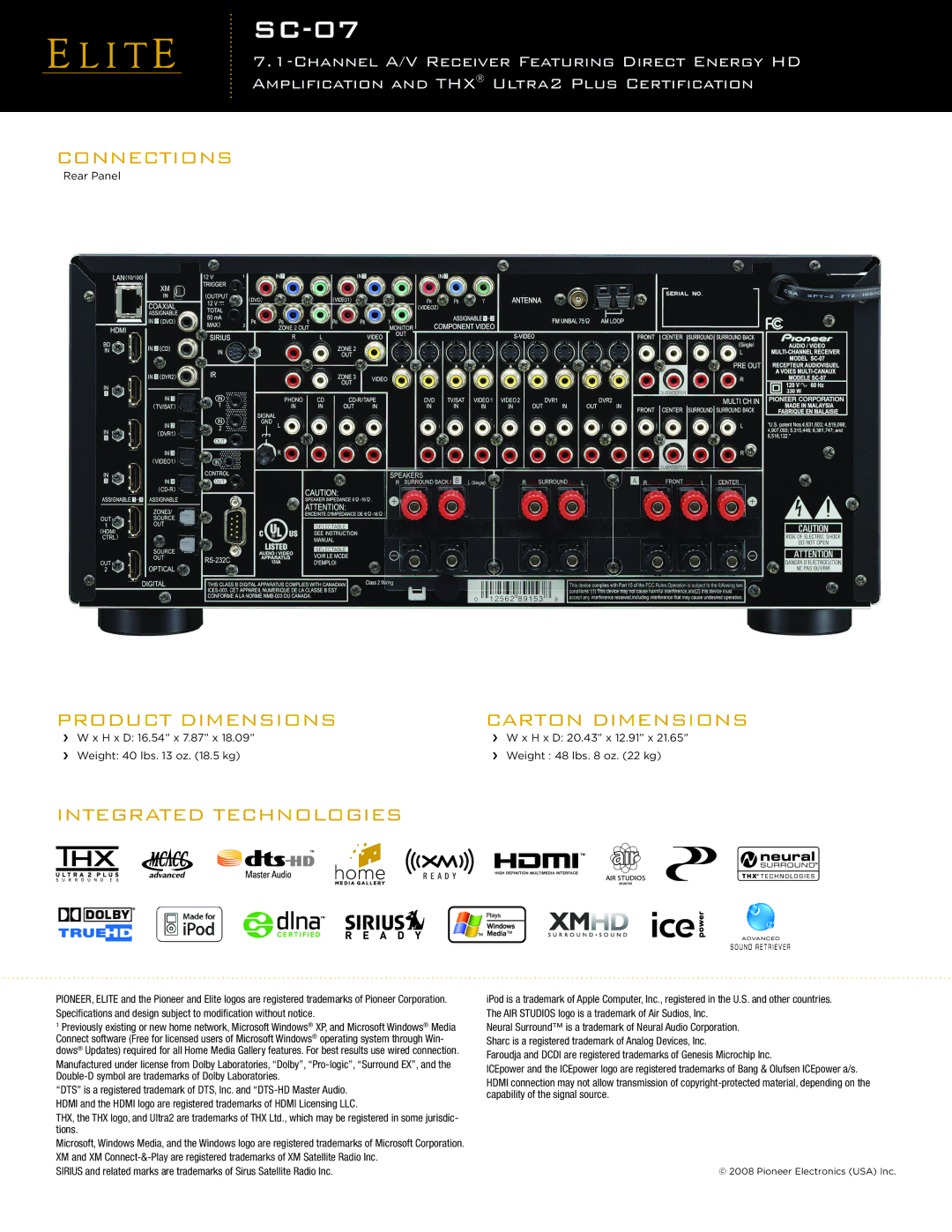 Elite SC-07 manual Integrated Technologies, Connections, Product Dimensions Carton Dimensions 