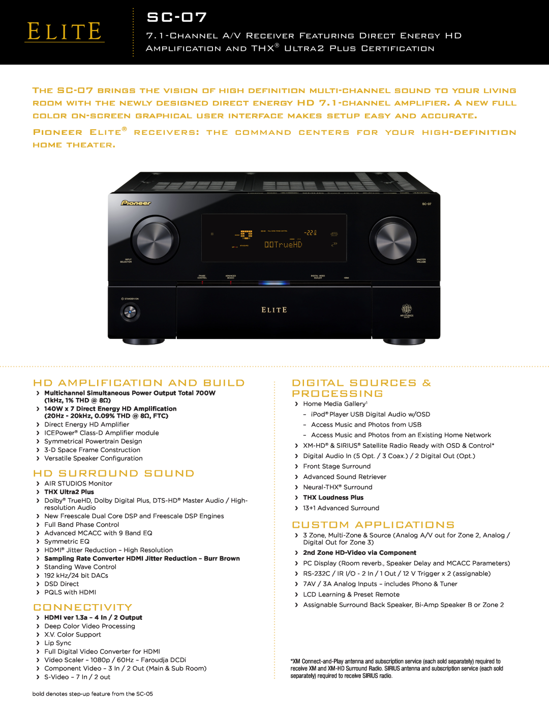 Elite SC-07 manual Hd Amplification And Build, Hd Surround Sound, Digital Sources, Connectivity, Processing 