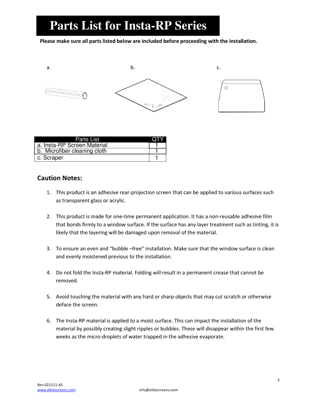 Elite Screens 022111AS manual Parts List for Insta-RP Series 