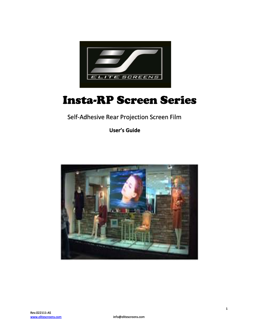 Elite Screens 022111AS manual User’s Guide, Insta-RP Screen Series, Self‐Adhesive Rear Projection Screen Film 