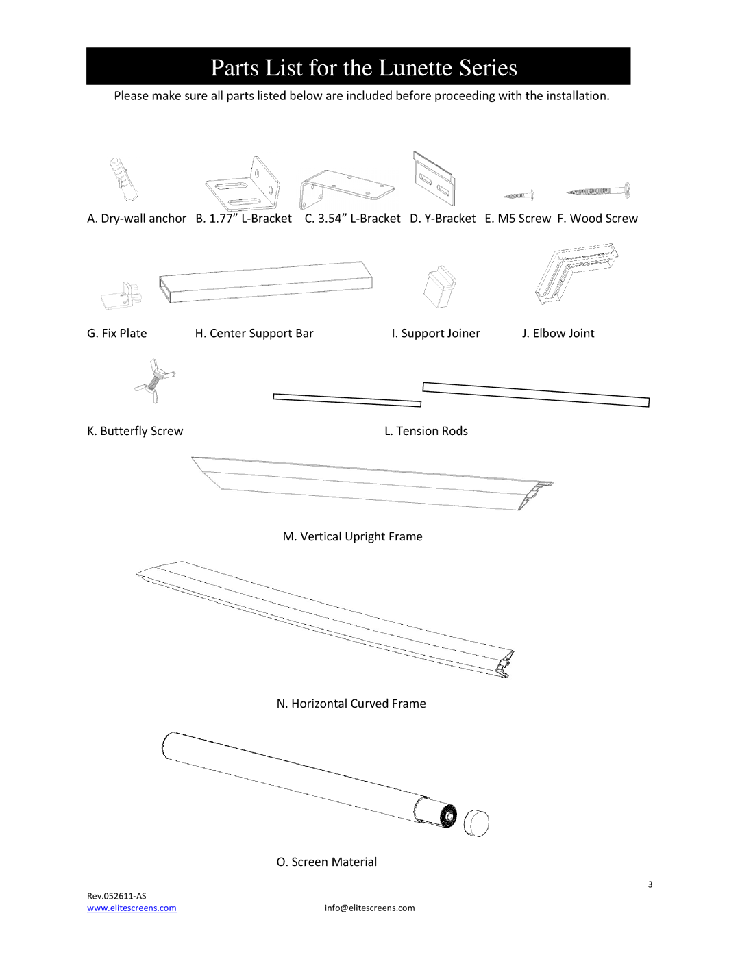 Elite Screens 052611AS manual Parts List for the Lunette Series 