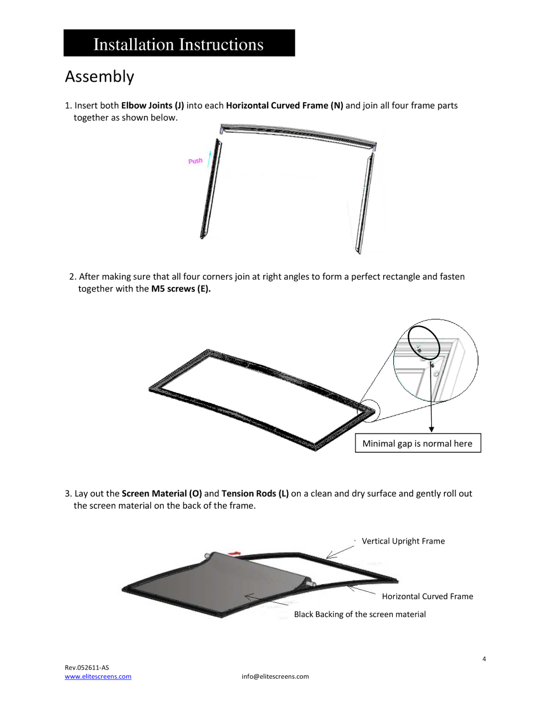 Elite Screens 052611AS manual Installation Instructions, Assembly 