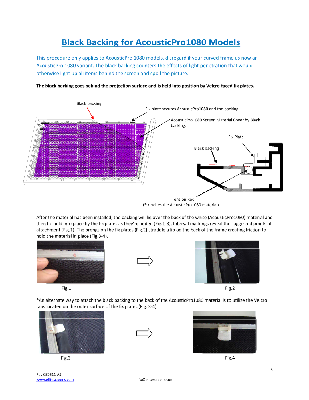 Elite Screens 052611AS manual Black Backing for AcousticPro1080 Models 