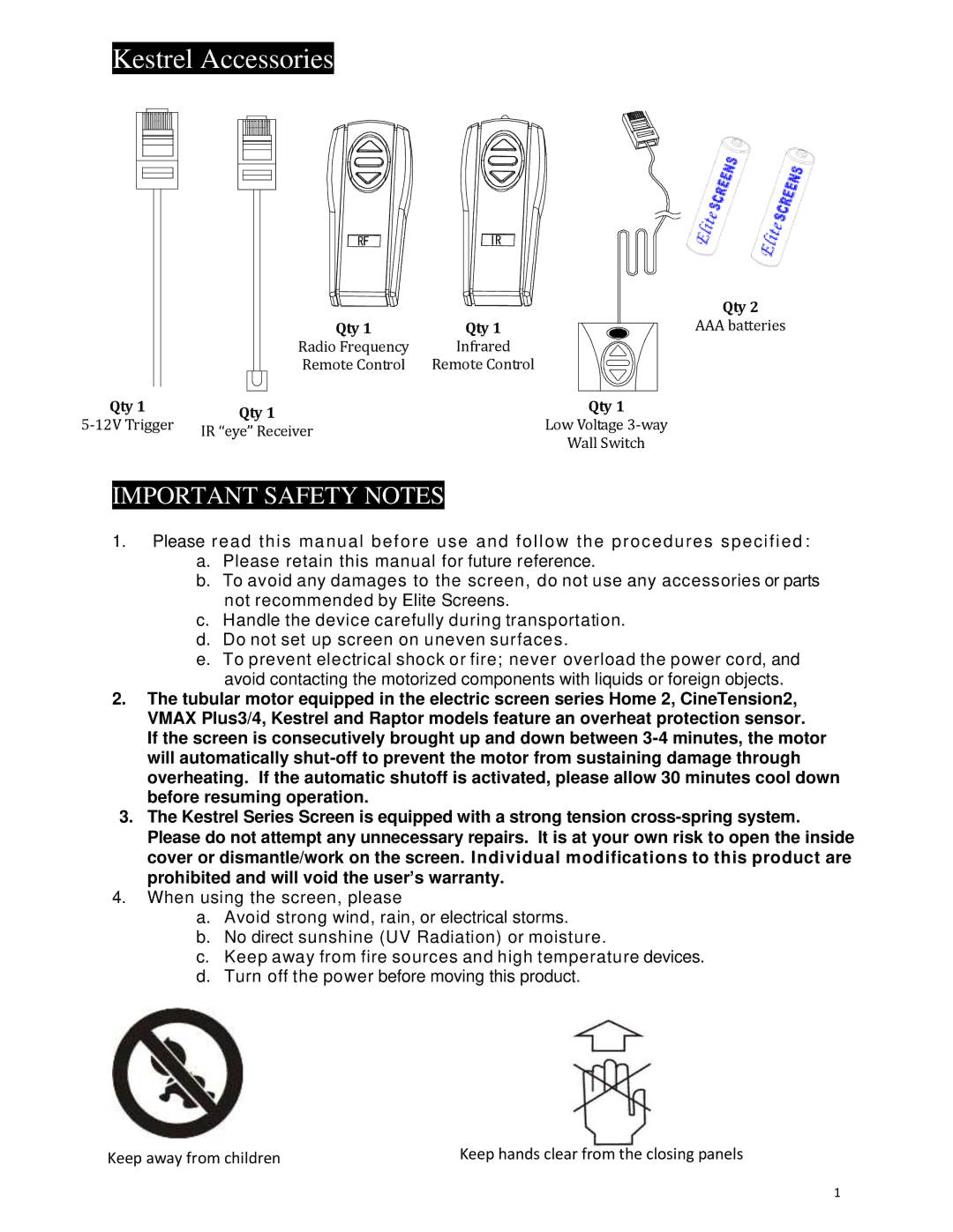 Elite Screens 062310-JA manual Kestrel Accessories 