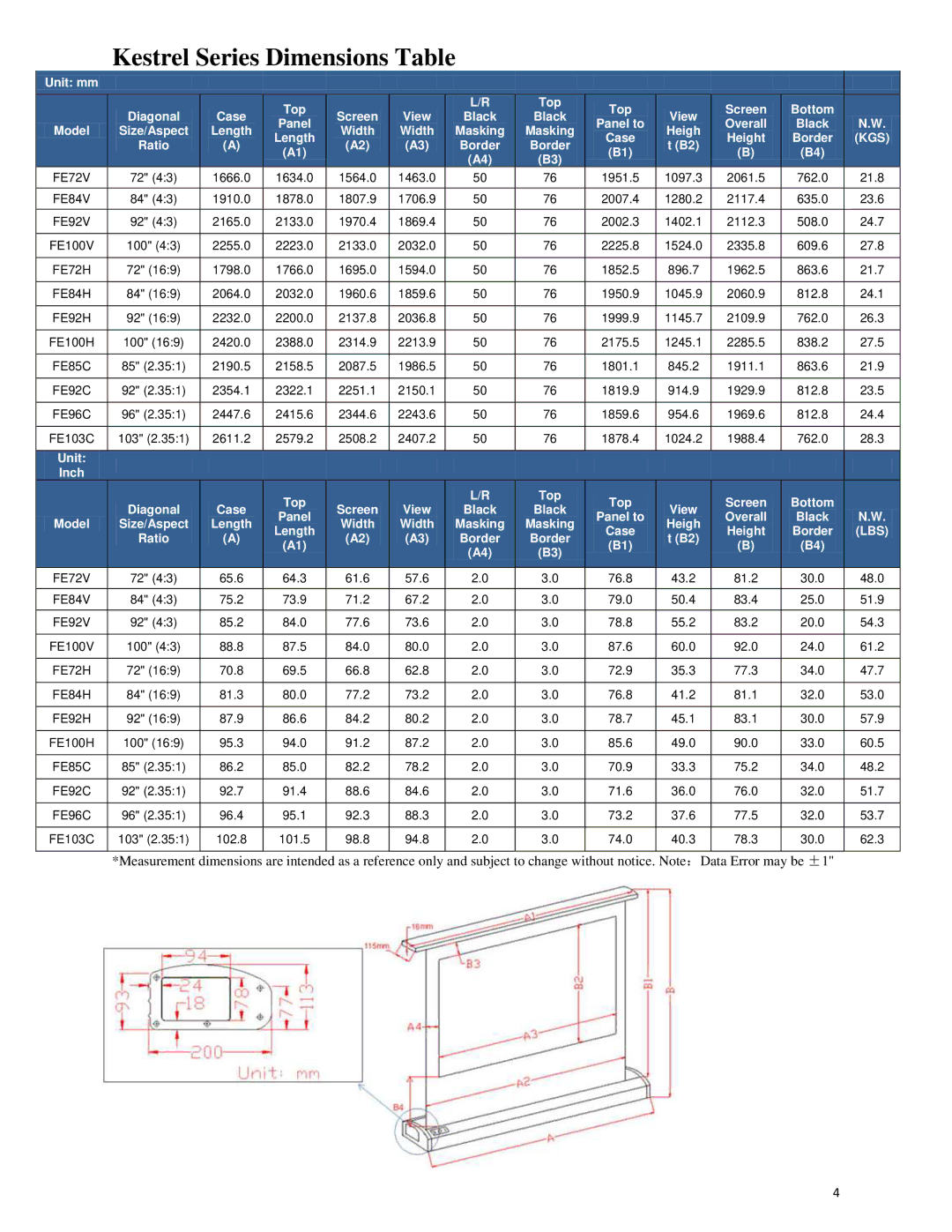 Elite Screens 062310-JA manual Kestrel Series Dimensions Table 