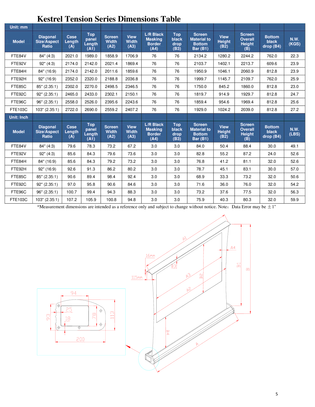 Elite Screens 062310-JA manual Kestrel Tension Series Dimensions Table 