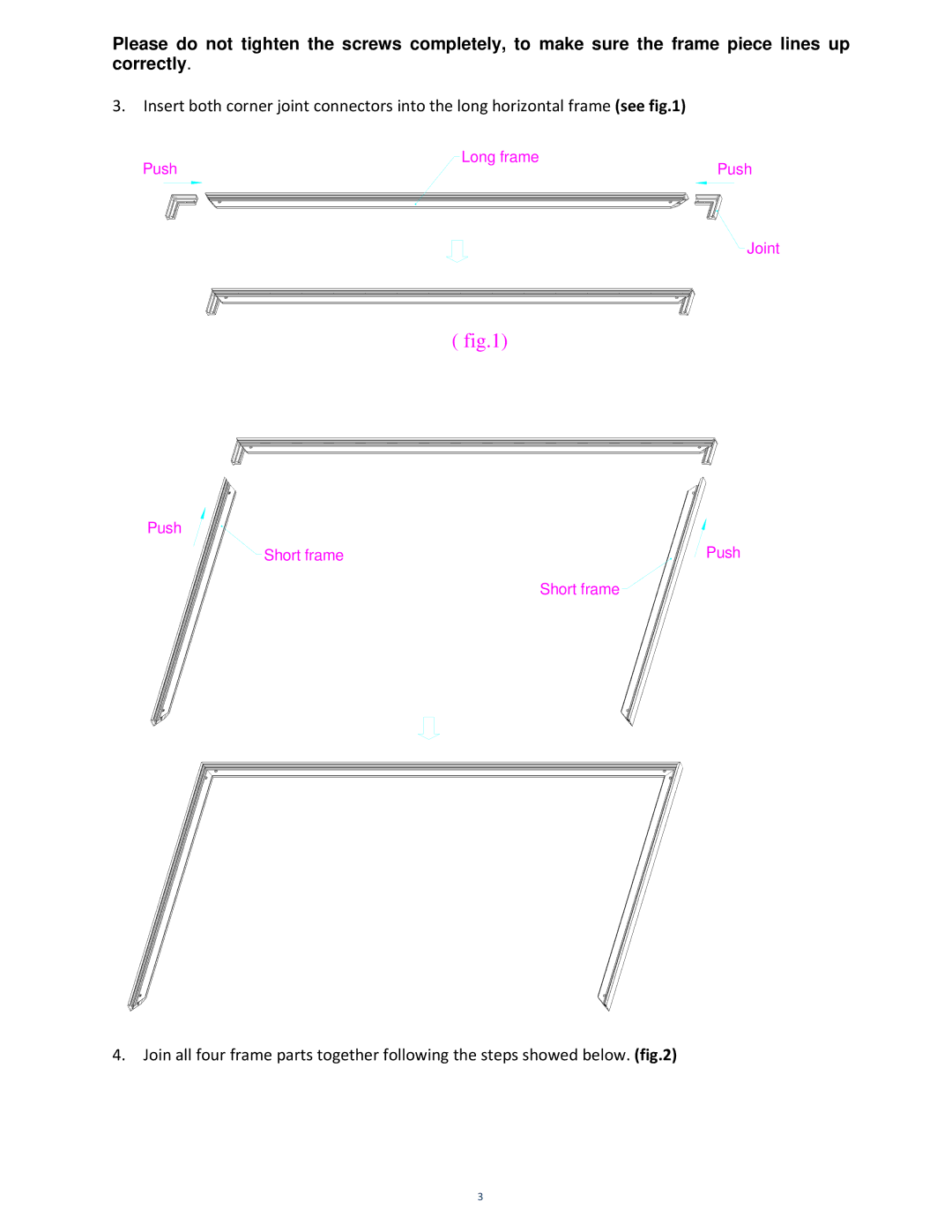 Elite Screens 091709JA manual Push Long frame Joint Short frame 