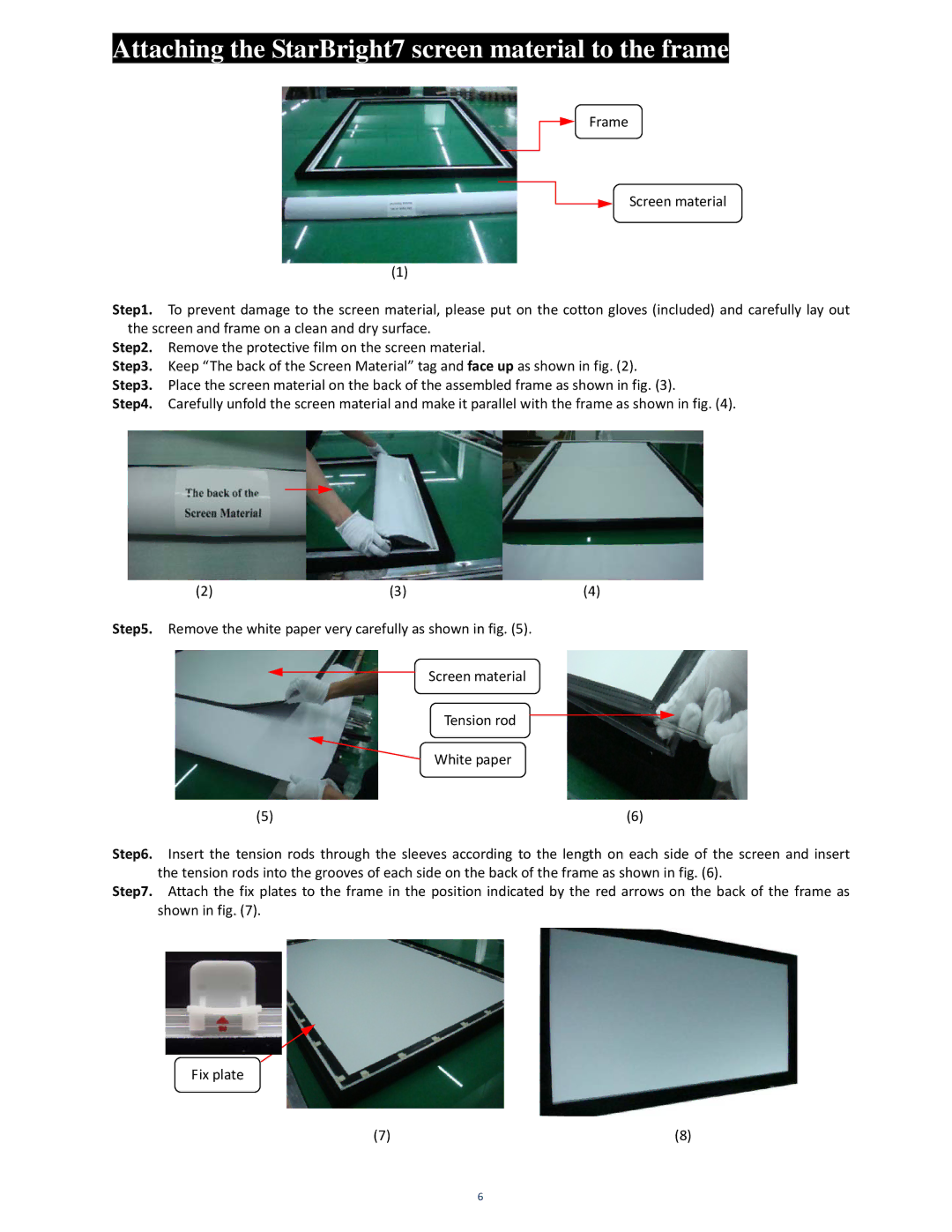 Elite Screens 091709JA manual Attaching the StarBright7 screen material to the frame 