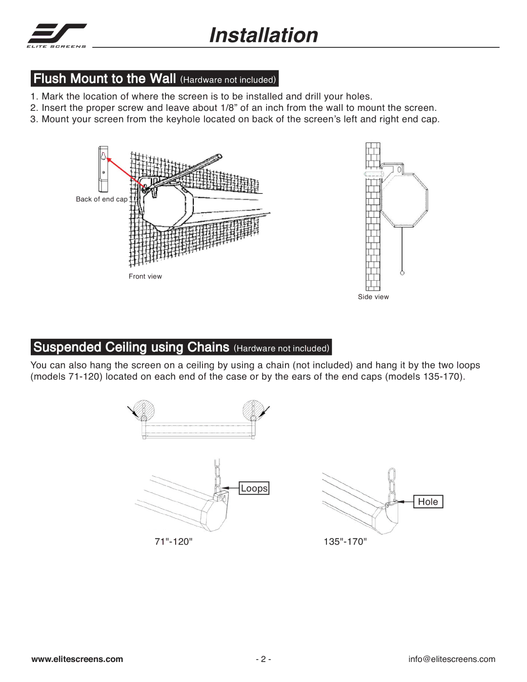 Elite Screens 135170, 71120 manual Installation, Flush Mount to the Wall Hardware not included 