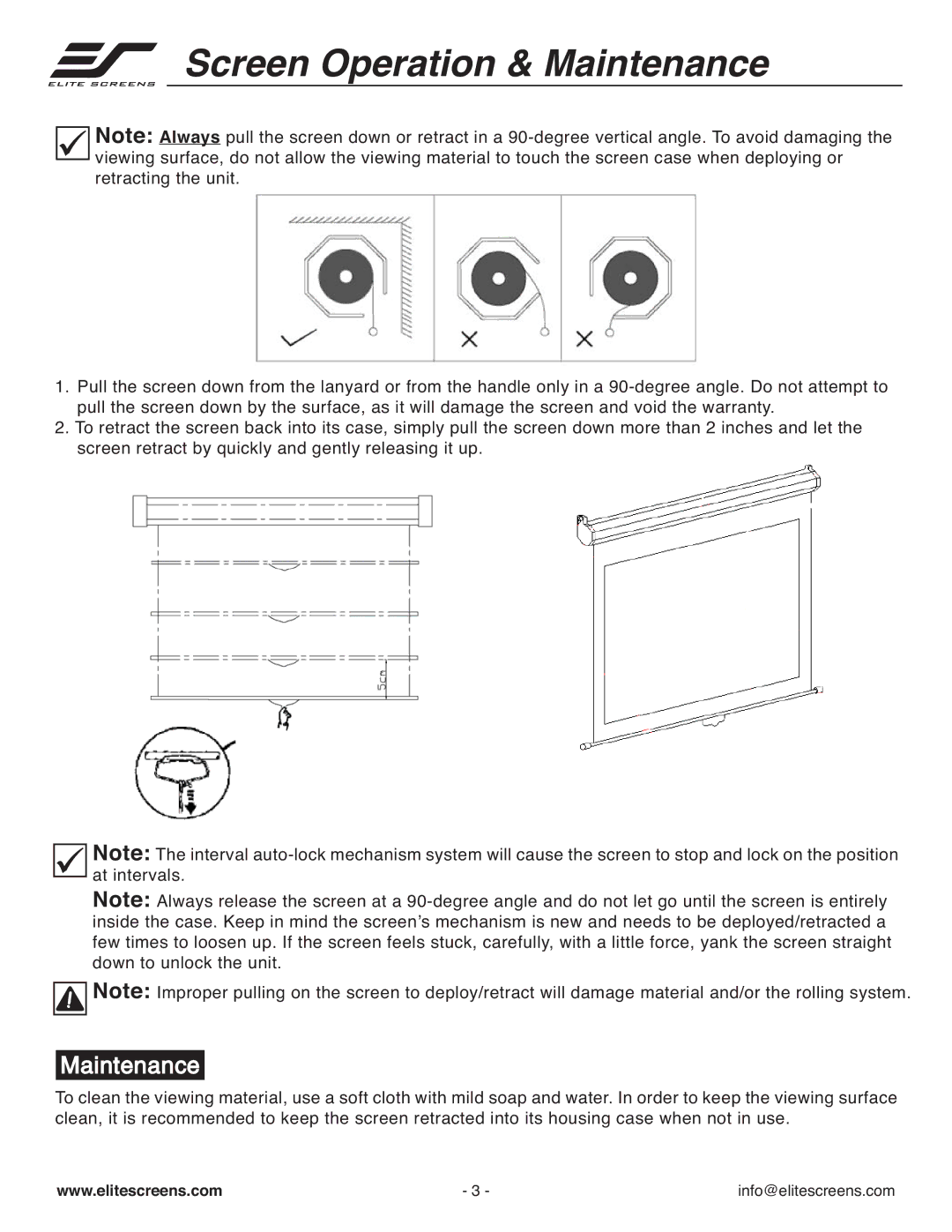 Elite Screens 71120, 135170 manual Screen Operation & Maintenance 