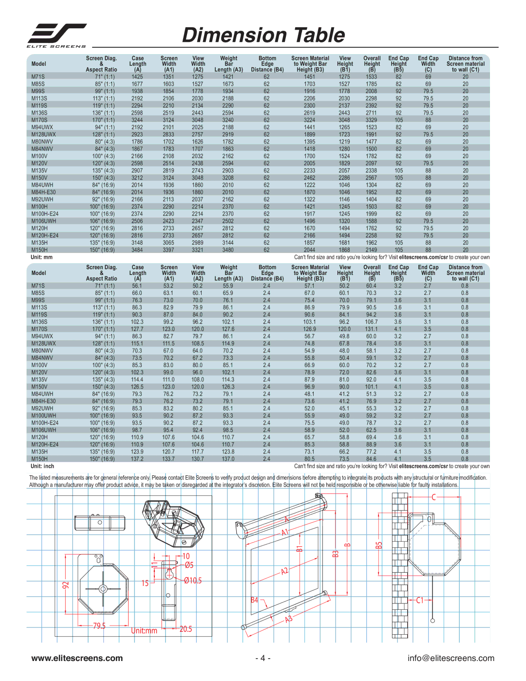 Elite Screens 135170, 71120 manual Dimension Table, M84NWV 