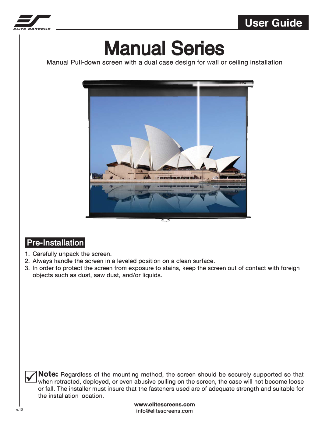 Elite Screens 71120, 135170 manual Pre-Installation, Manual Series, User Guide 