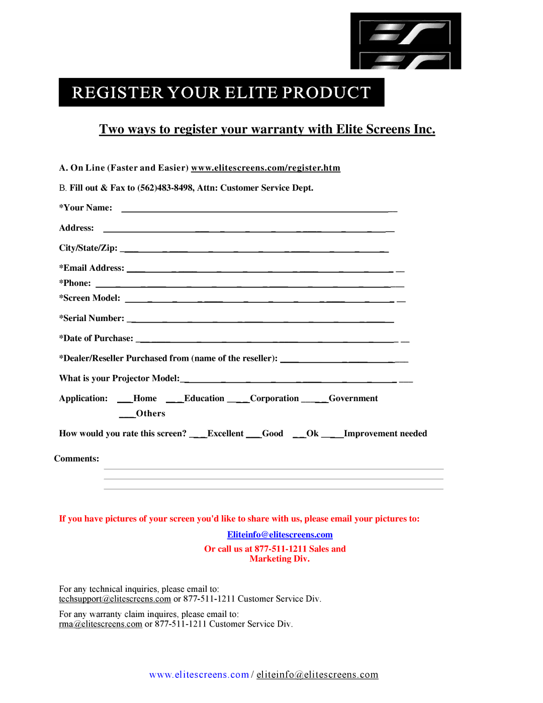 Elite Screens 1.5 manual Two ways to register your warranty with Elite Screens Inc 