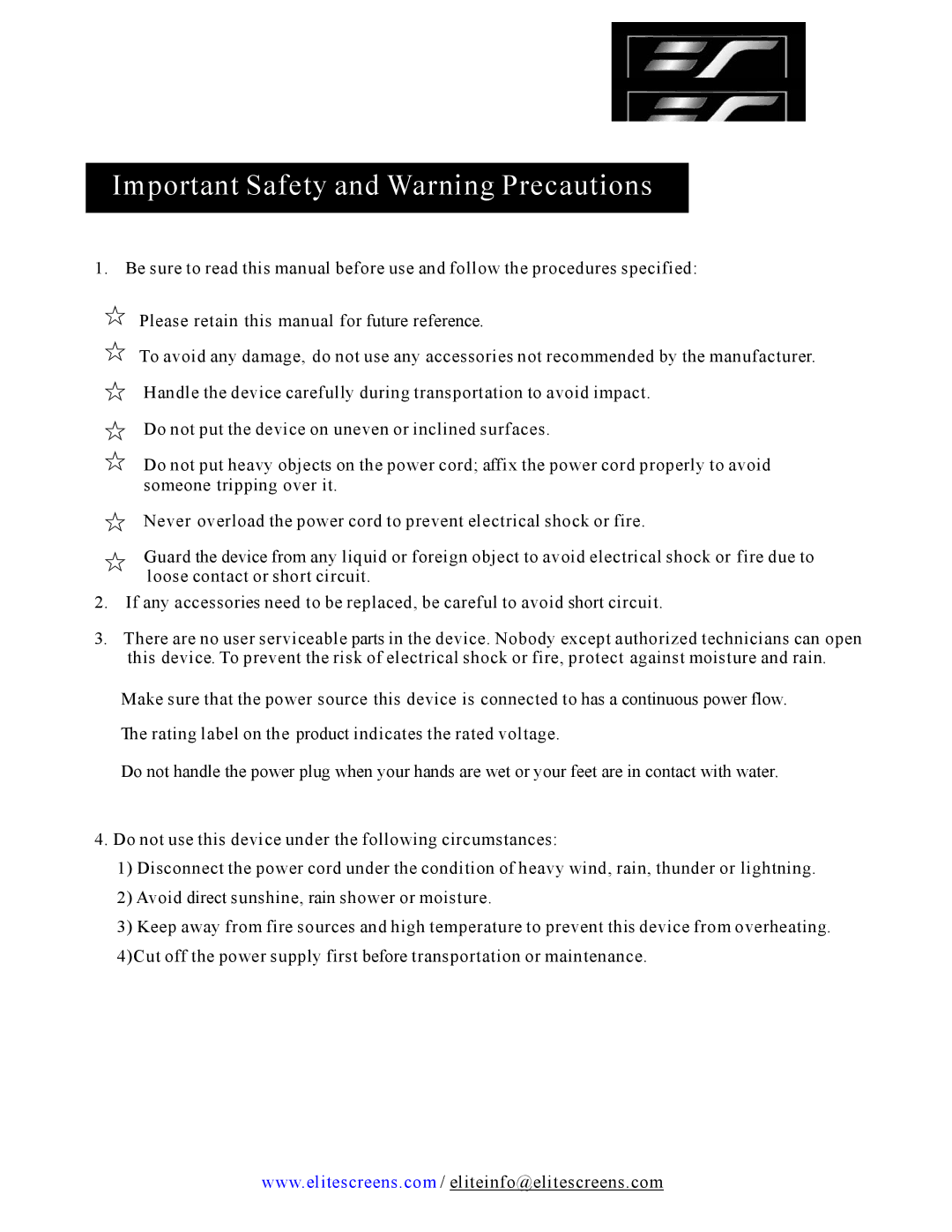 Elite Screens 1.5 manual Important Safety and Warning Precautions 