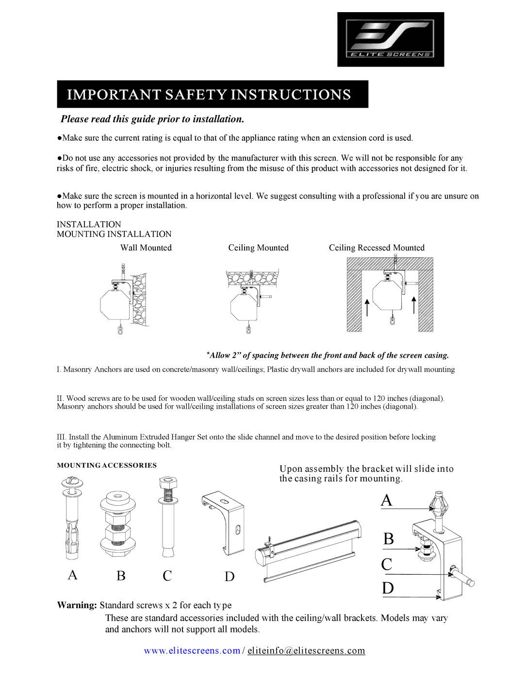 Elite Screens 1.5 manual C D 