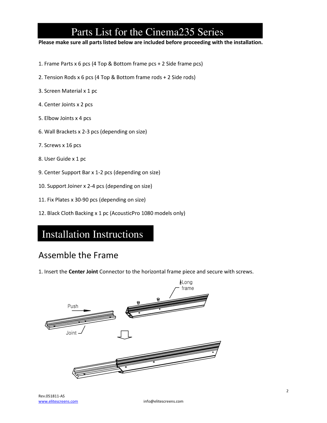 Elite Screens manual Parts List for the Cinema235 Series, Installation Instructions, Assemble the Frame 