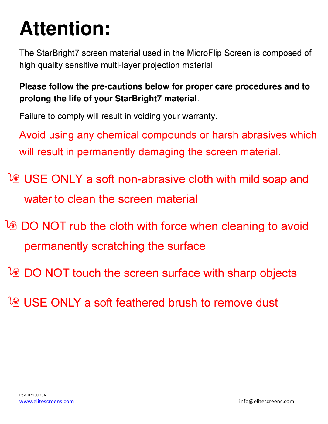 Elite Screens 9759121A manual Failure to comply will result in voiding your warranty 