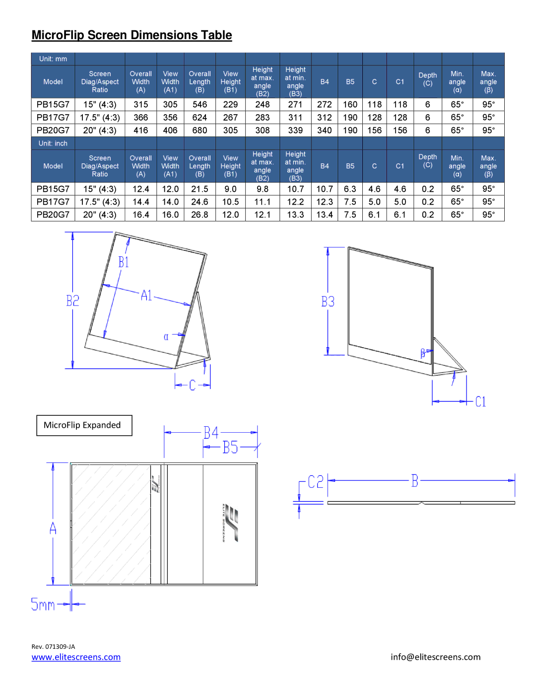 Elite Screens 9759121A manual MicroFlip Screen Dimensions Table 