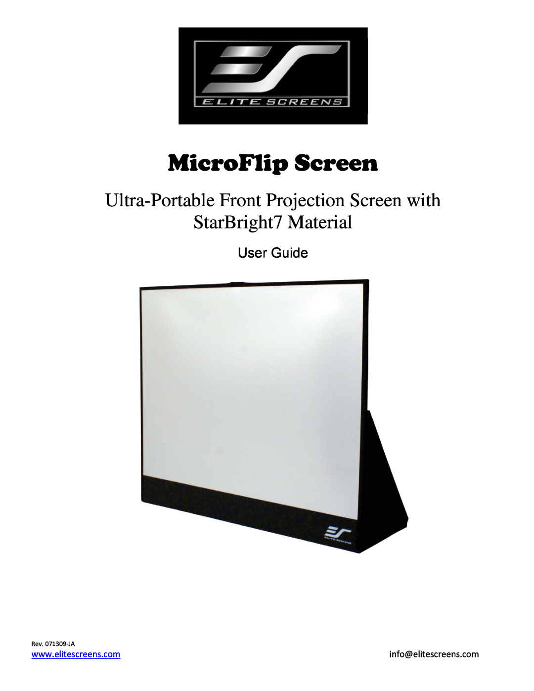 Elite Screens 9759121A manual MicroFlip Screen, Ultra-Portable Front Projection Screen with StarBright7 Material 