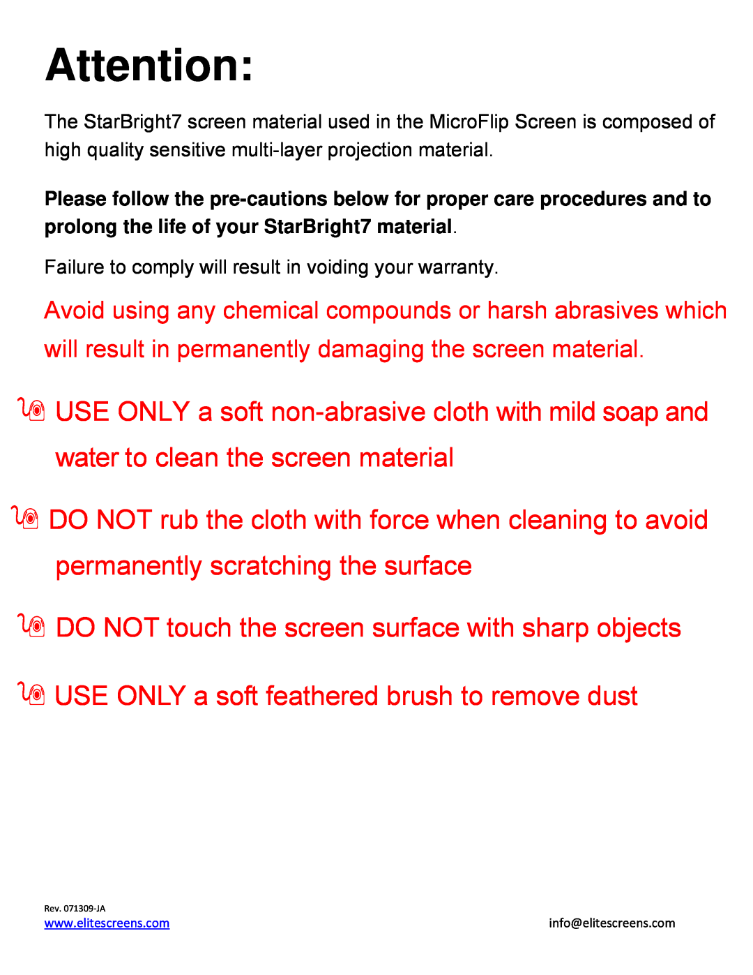 Elite Screens 9759121A manual  DO NOT touch the screen surface with sharp objects 