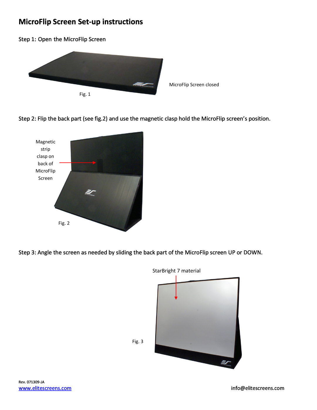Elite Screens 9759121A manual MicroFlip Screen Set‐up instructions 